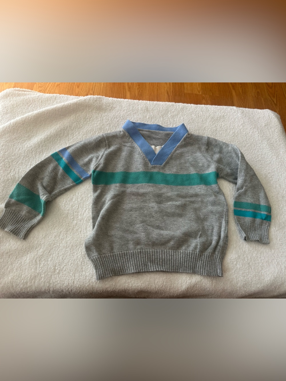 Gray Kids V-Neck Sweater with Teal Stripe and Light Blue Trim